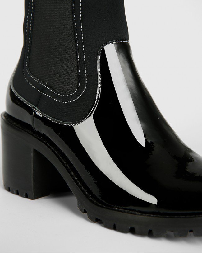 Wittner Blair Black Patent Leather Stretch Gusset Round Toe Ankle Boot