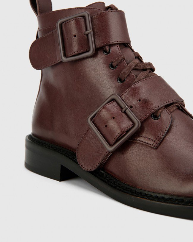 Wittner Braiden Wine Leather Double Buckle Lace Up Ankle Boot