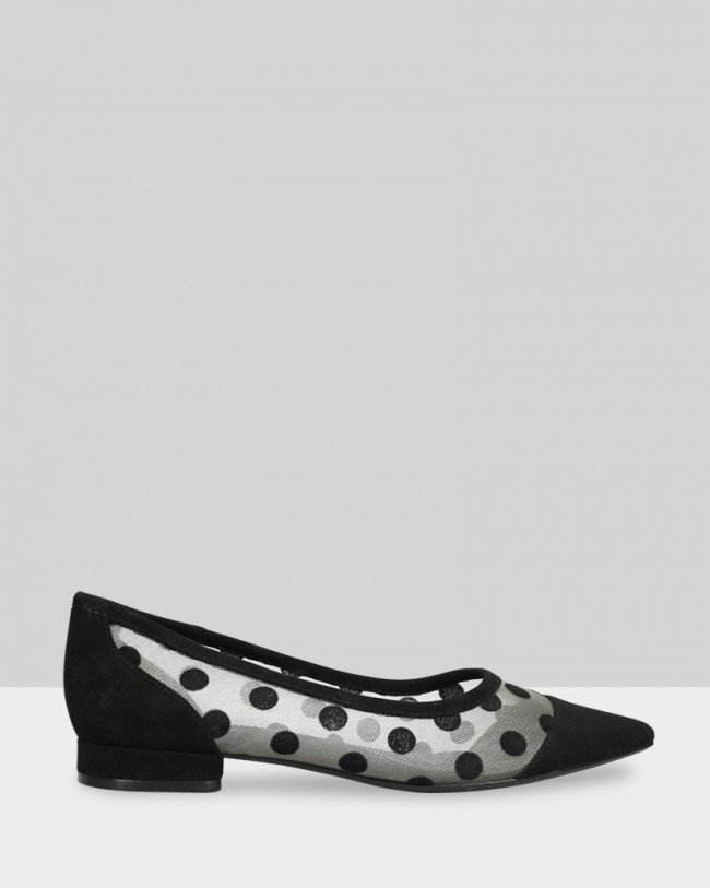 Wittner Malone Black Suede Polka Dot Mesh Pointed Flat