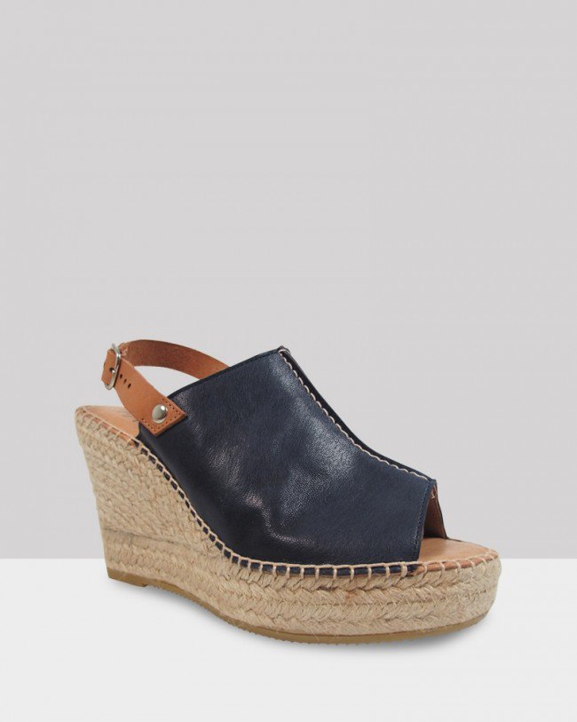 Wittner Umberto Navy Leather Peep Toe Espadrille Wedge