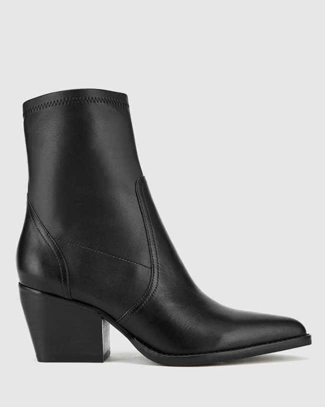 Wittner Kennith Black Leather Stretch Point Toe Block Heel Ankle Boot