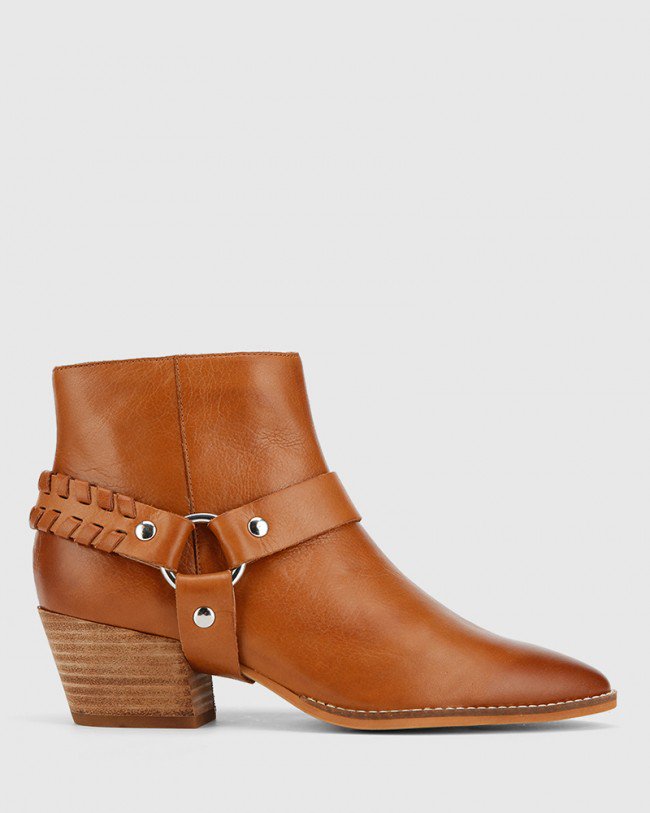 Wittner Kerrence Cognac Leather Block Heel Harness Ankle Boot