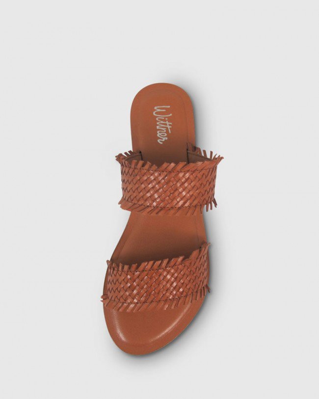 Wittner Ixia Tan Weave Leather Open Toe Flat Slide