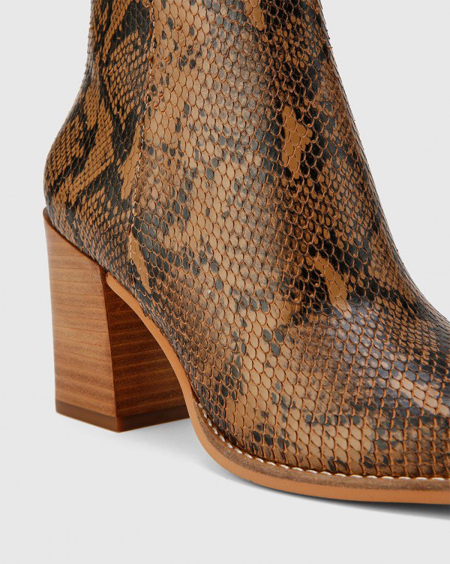 Wittner Sahara Snake Printed Leather Block Heel Ankle Boot