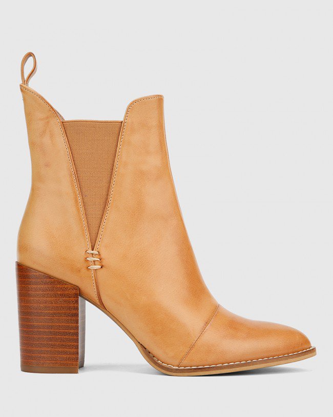 Wittner Honesty Tan Leather Elasticated Gusset Block Heel Ankle Boot