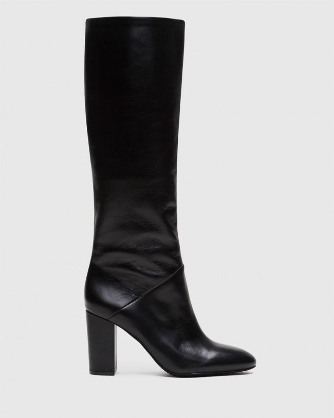 Wittner Sherman Black Leather Block Heel Knee High Boot