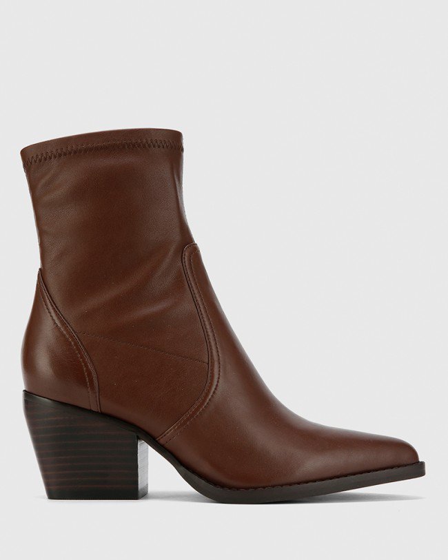 Wittner Kennith Dark Brown Leather Stretch Point Toe Block Heel Ankle Boot