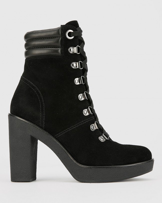 Wittner Vickie Black Leather Block Heel Lace Up Ankle Boot