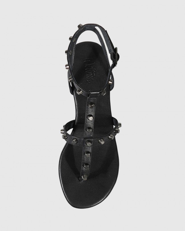 Wittner Seanna Black Leather Stud Detail Flat Sandal