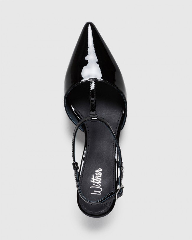 Wittner Devin Black Patent Pointed Toe Mid Heel