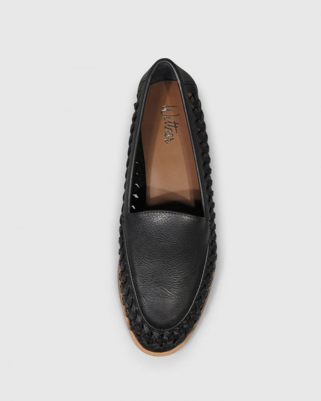 Wittner Haylie Black Leather Weave Detail Pointed Toe Loafer
