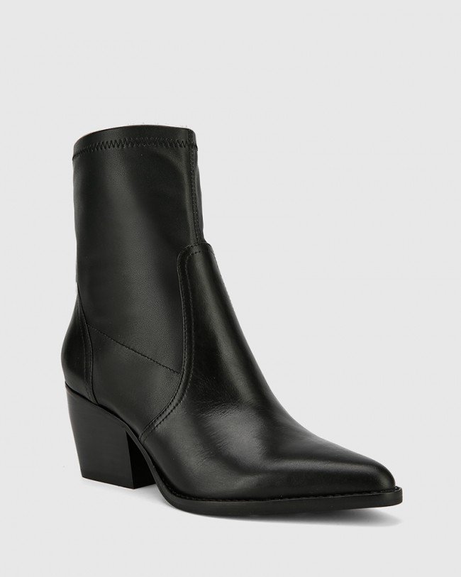 Wittner Kennith Black Leather Stretch Point Toe Block Heel Ankle Boot