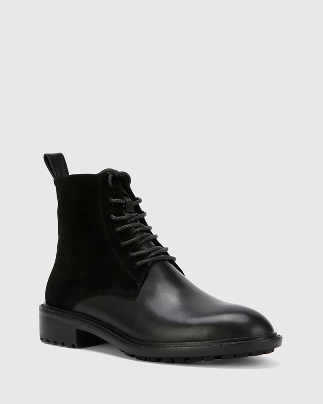 Wittner Dean Black Suede Leather Lace Up Flat Boot