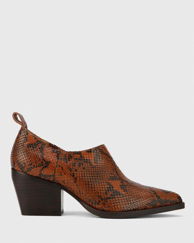 Wittner Keisha Chocolate Snake Print Leather Pointed Toe Block Heel Bootie
