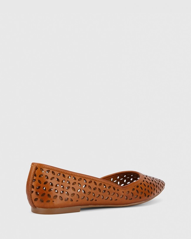 Wittner Prue Cognac Leather Perforated Pointed Toe Flat