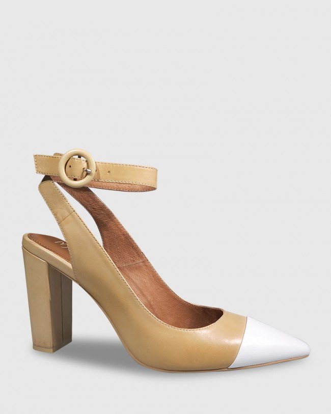 Wittner Helaine Natural Leather White Toe Cap Block Heel