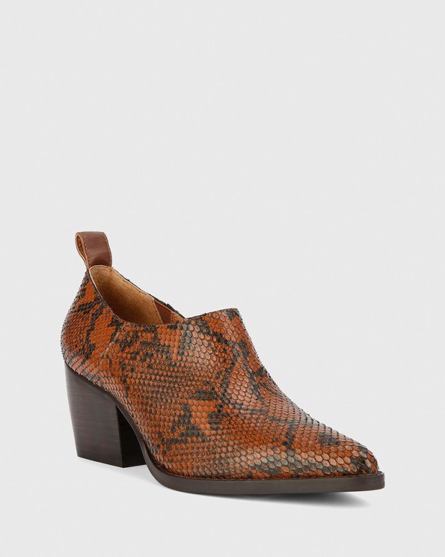 Wittner Keisha Chocolate Snake Print Leather Pointed Toe Block Heel Bootie