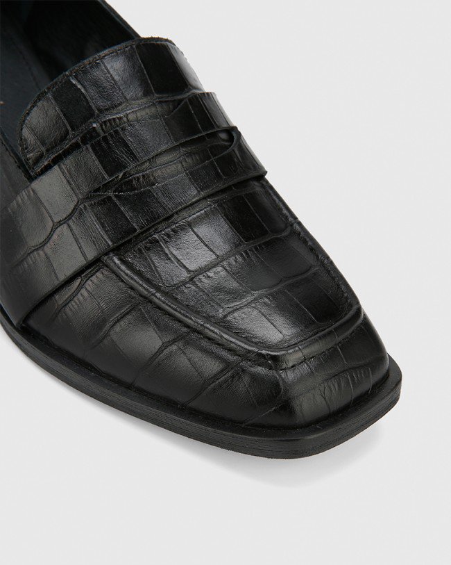 Wittner Fentis Black Crocodile Printed Leather Square Toe Loafer