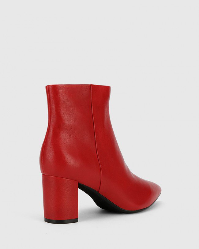 Wittner Deja Red Leather Block Heel Point Toe Ankle Boot