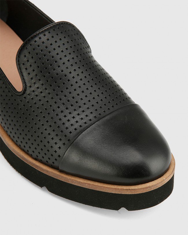 Wittner Janey Black Pin Punch Leather Flatform Wedge Slip On Loafer