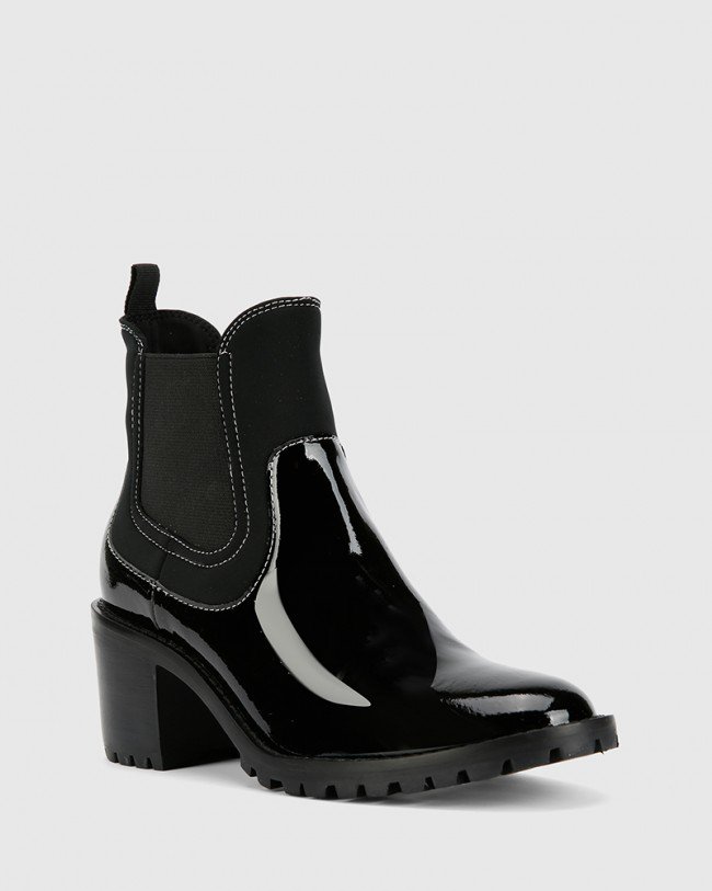 Wittner Blair Black Patent Leather Stretch Gusset Round Toe Ankle Boot