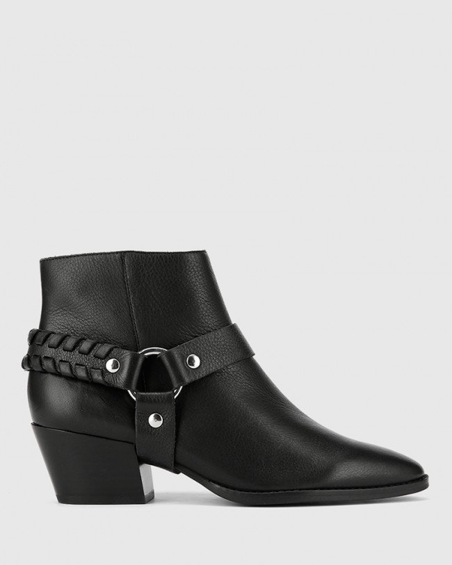 Wittner Kerrence Black Leather Block Heel Harness Ankle Boot