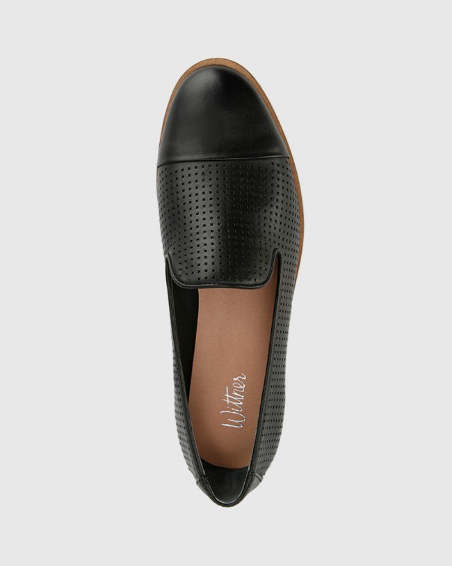 Wittner Janey Black Pin Punch Leather Flatform Wedge Slip On Loafer