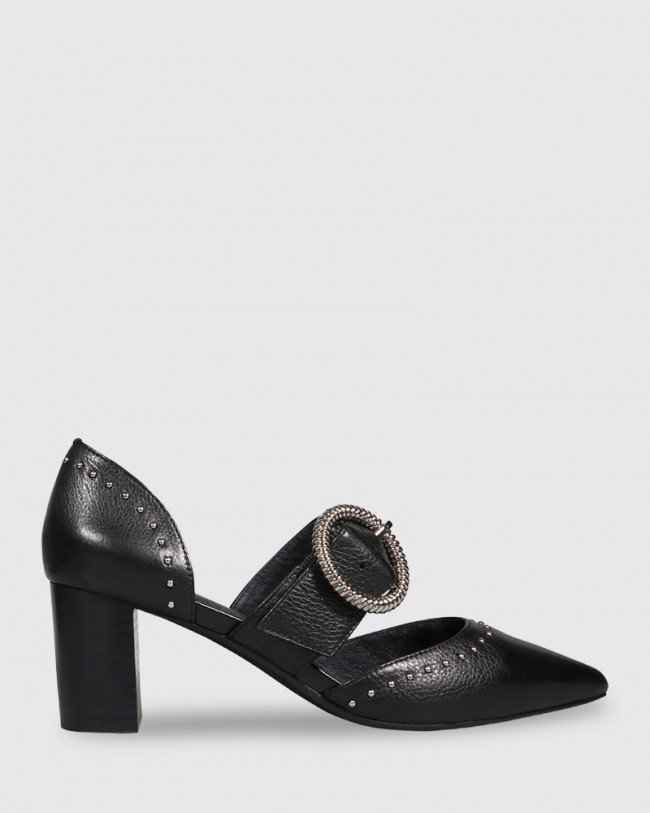 Wittner Dianella Black Leather Silver Buckle Detail Block Heel