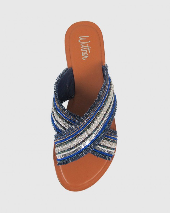 Wittner Ivanna Navy Beads Crossover Flat Slide