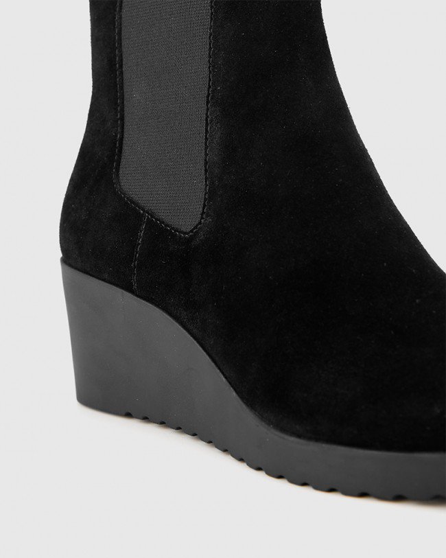 Wittner Patt Black Suede Leather Wedge Round Toe Ankle Boot