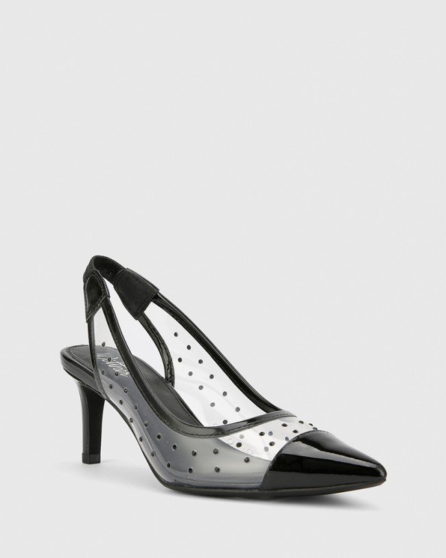 Wittner Diamante Black Patent & Clear Vinyl Slingback Heel
