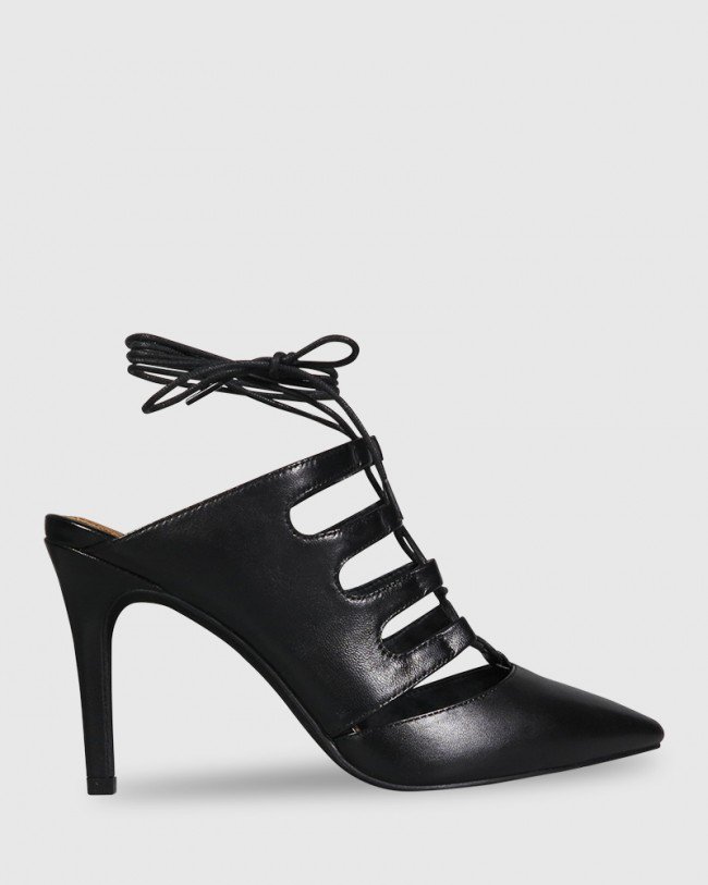 Wittner Handre Black Leather Lace Up Heeled Mule