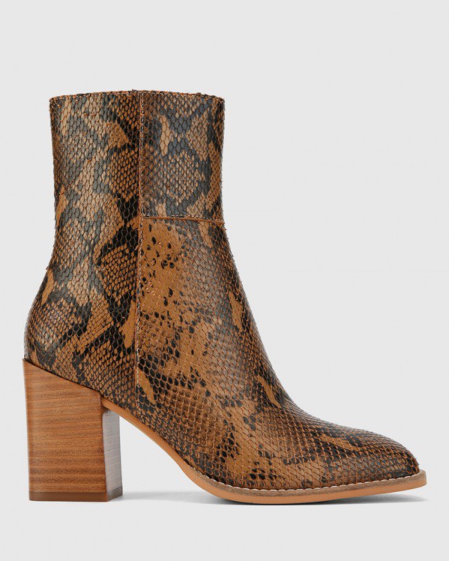 Wittner Sahara Snake Printed Leather Block Heel Ankle Boot