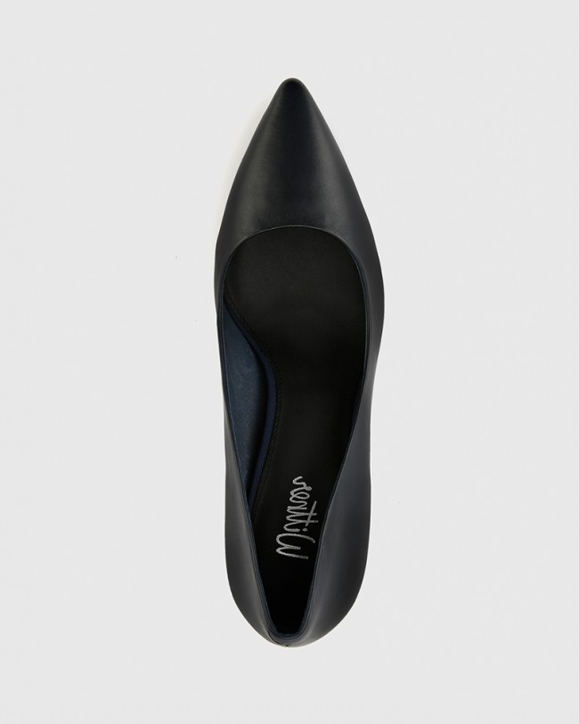Wittner Hether Navy Leather Pointed Toe Block Heel