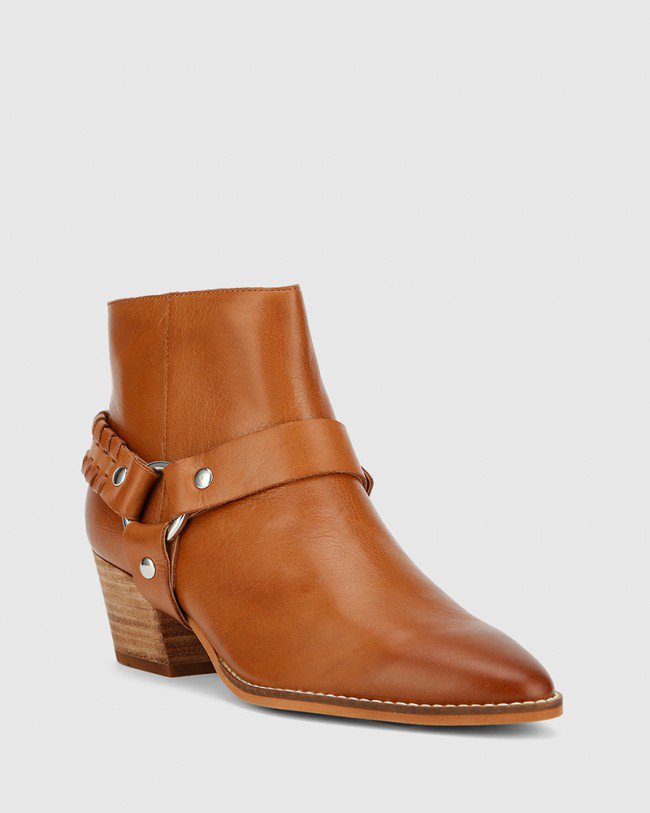 Wittner Kerrence Cognac Leather Block Heel Harness Ankle Boot