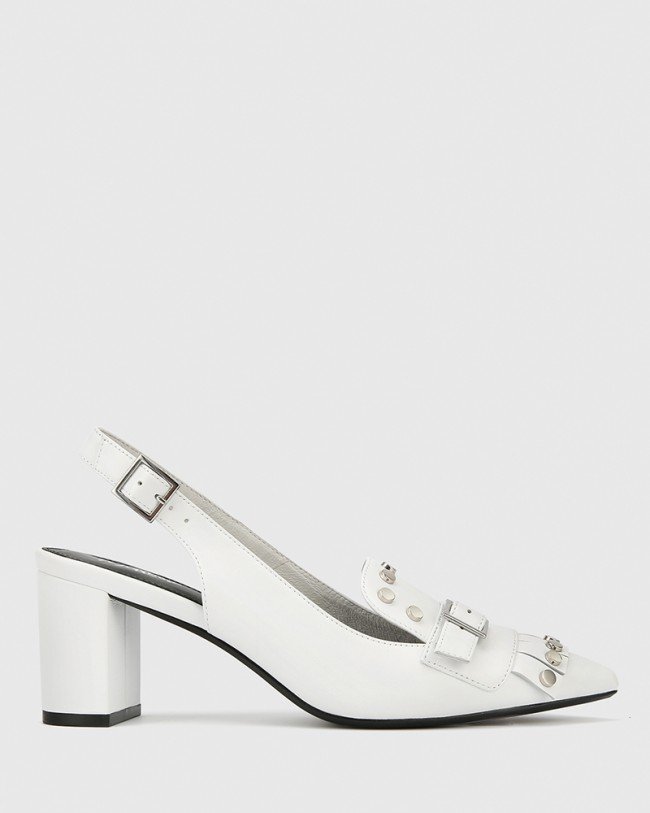 Wittner Danae White Leather Stud Detail Slingback Heel