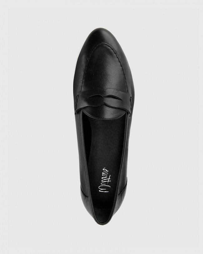 Wittner Austin Black Leather Almond Toe Flat Penny Loafer