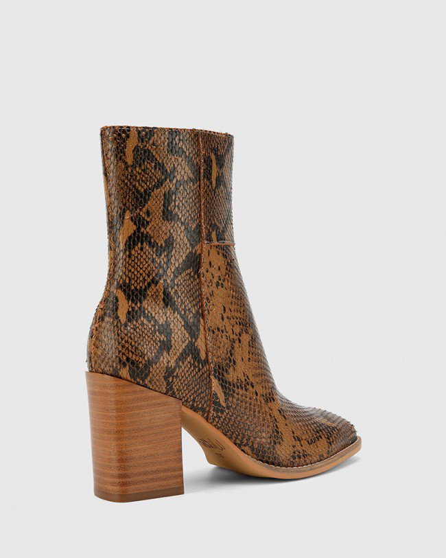 Wittner Sahara Snake Printed Leather Block Heel Ankle Boot