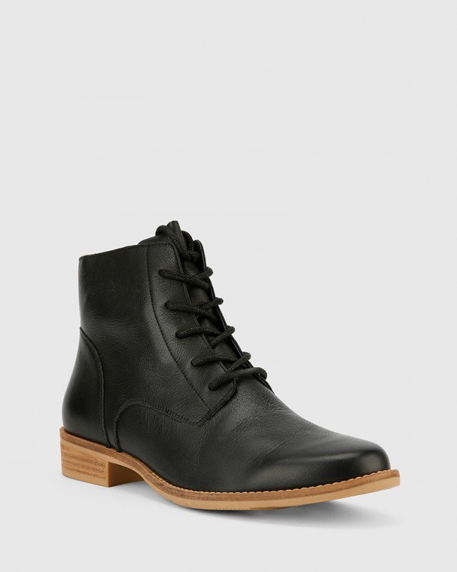 Wittner Carver Black Leather Lace Up Flat Ankle Boot