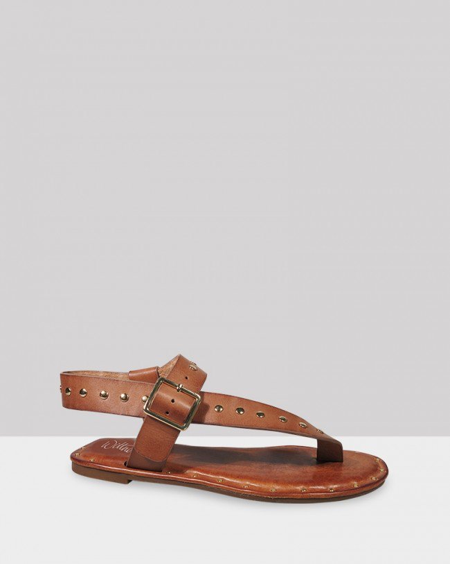 Wittner Flint Tan Leather Stud Flat Sandal