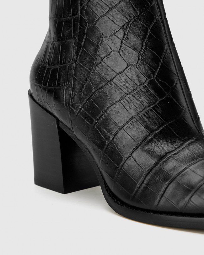 Wittner Sahara Black Croc Printed Leather Block Heel Ankle Boot