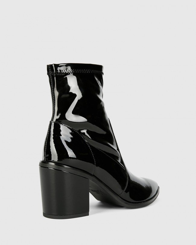 Wittner Posey Black Patent Leather Stretch Block Heel Boot