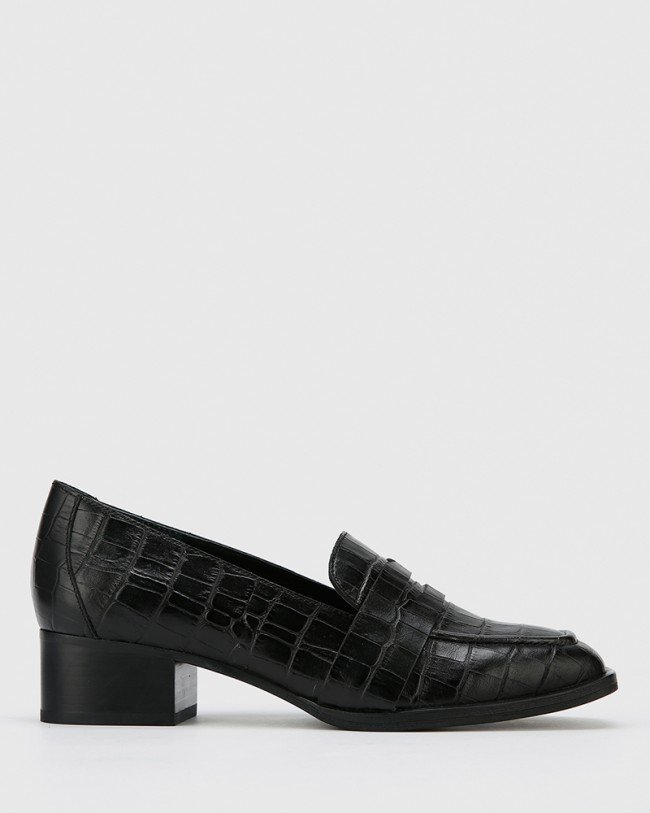 Wittner Fentis Black Crocodile Printed Leather Square Toe Loafer