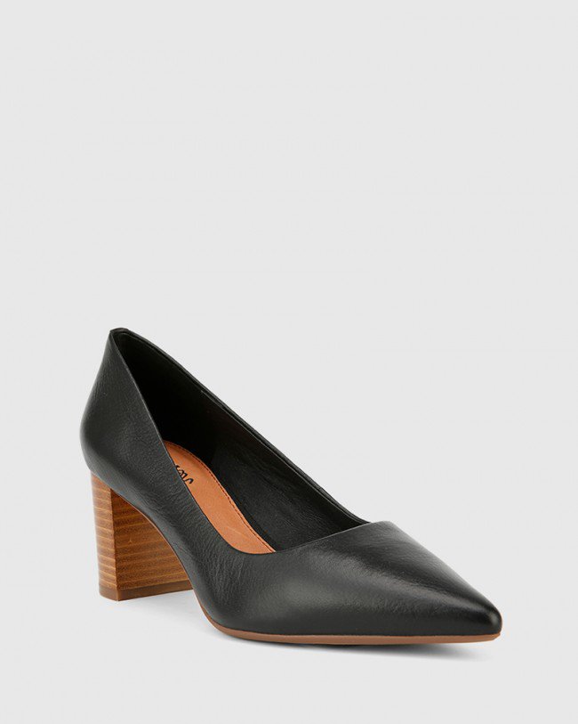 Wittner Dalena Black Scotch Leather Block Heel Point Toe
