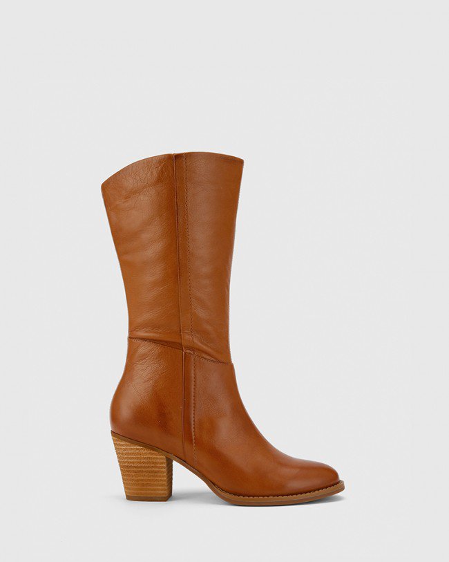 Wittner Keddy Cognac Leather Round Toe Block Heel Boot