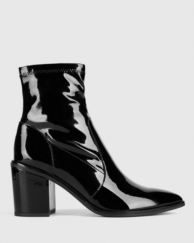 Wittner Posey Black Patent Leather Stretch Block Heel Boot