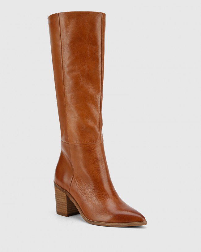 Wittner Preslee Cognac Leather Block Heel Long Boot