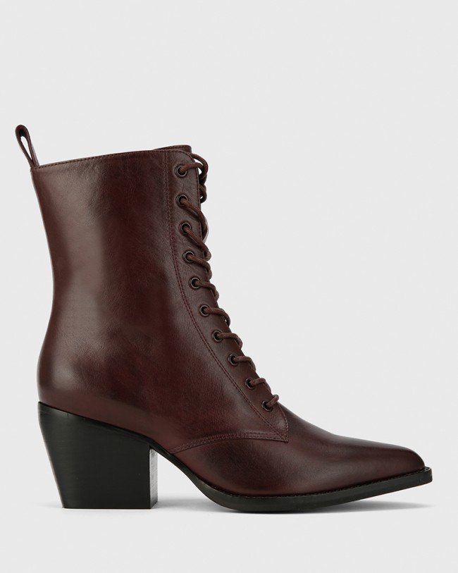 Wittner Kallie Wine Leather Pointed Toe Lace Up Block Heel Ankle Boot