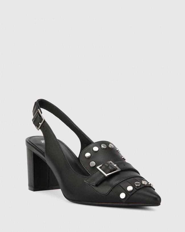 Wittner Danae Black Leather Stud Detail Slingback Heel