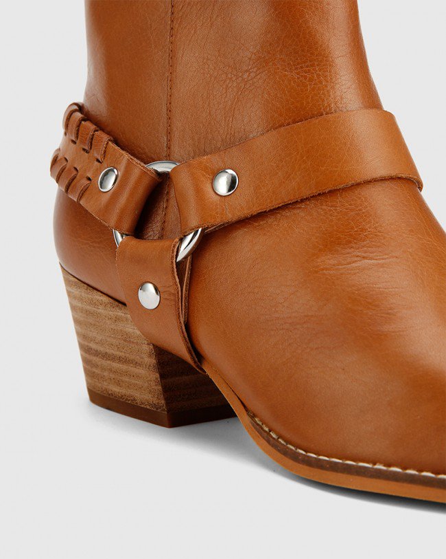 Wittner Kerrence Cognac Leather Block Heel Harness Ankle Boot